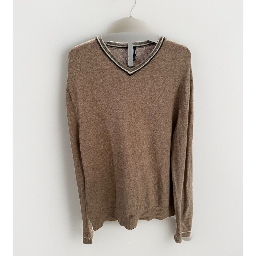 Gap Mens Brown Heathered V-Neck Sweater Striped Trim  Size XL Y2K